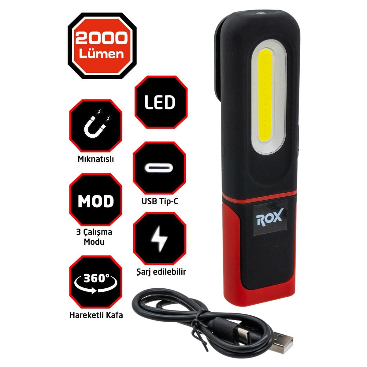 ROX Outdoor şarjlı 2000 Lümen Cep Tipi Çalışma Feneri