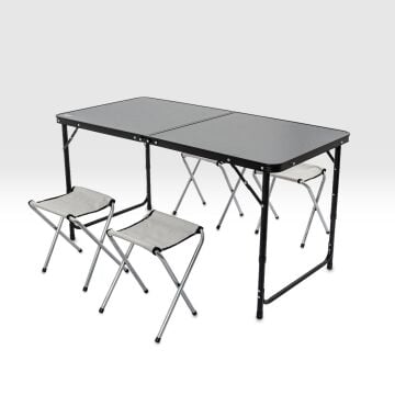 Argeus Elevate Plus Katlanabilir Kamp Masası Seti - 4/6 Kişilik 4 Tabureli - Siyah